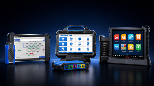 MUCAR 892BT Pro, TOPDON Phoenix Max und AUTEL MaxiSys Ultra S2 auf dunklem Studiohintergrund