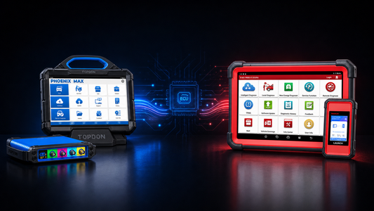 TOPDON Phoenix Max und LAUNCH X-431 PRO5 neben einer abstrakten ECU-Datenflussgrafik