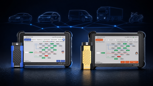 MUCAR 892BT Pro und THINKCAR ThinkScan 689BT Pro mit Silhouetten von PKW, Elektroauto, Transporter, LKW und Motorrad