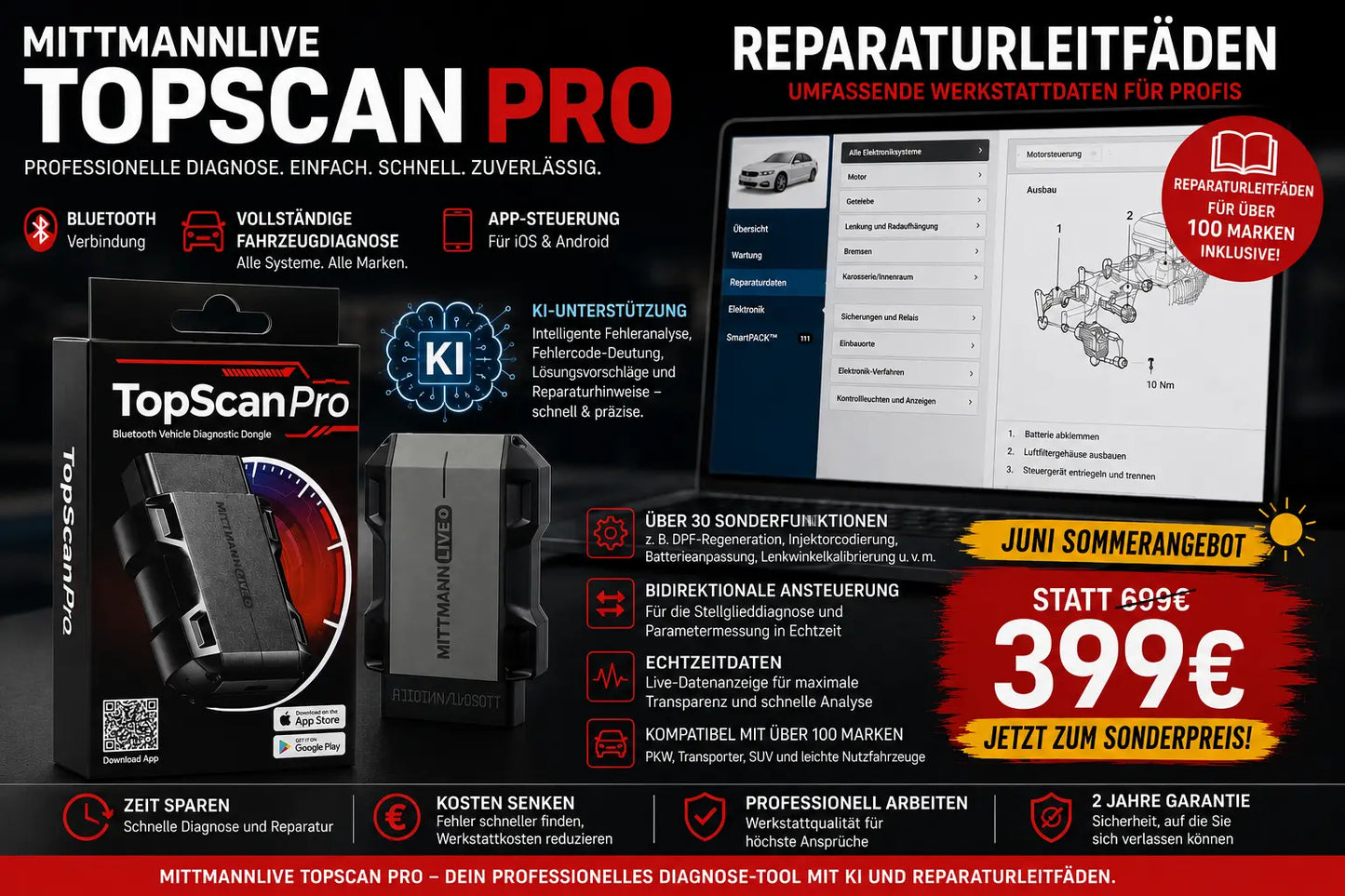Juni Sommeraktion MittmannLive TopScan PRO + Reparaturleitfäden ( Datenbank) PKW und LKW MittmannLive
