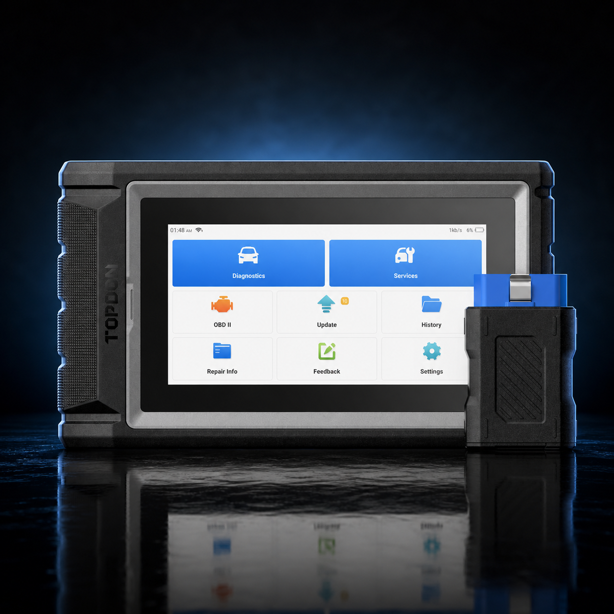 TOPDON ArtiDiag800 BT2 mit Bluetooth VCI auf dunklem ML24Shop Hintergrund