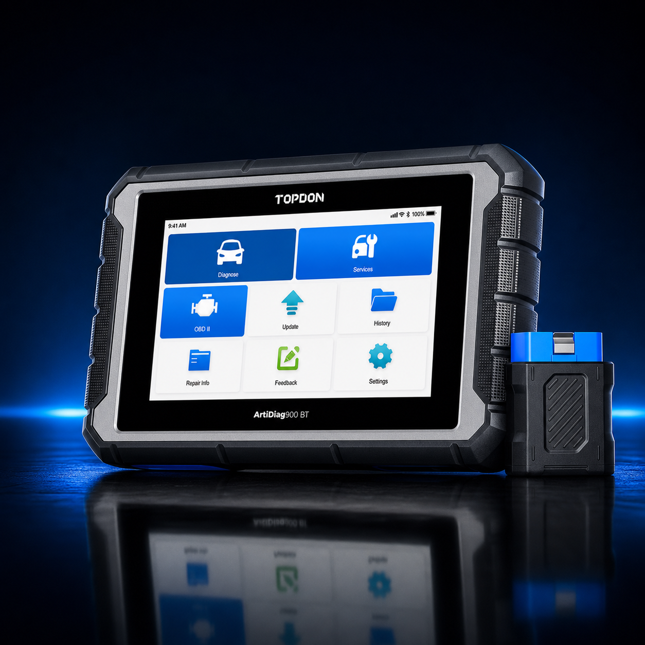 TOPDON ArtiDiag900 BT mit Bluetooth VCI auf dunklem ML24Shop Hintergrund