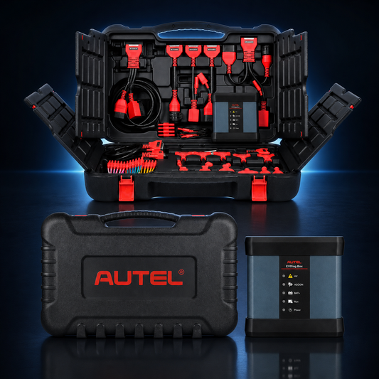 AUTEL EV Diagnostics Upgrade Kit mit EVDiag Box, Adaptern und Kabelsatz auf dunklem ML24Shop Hintergrund