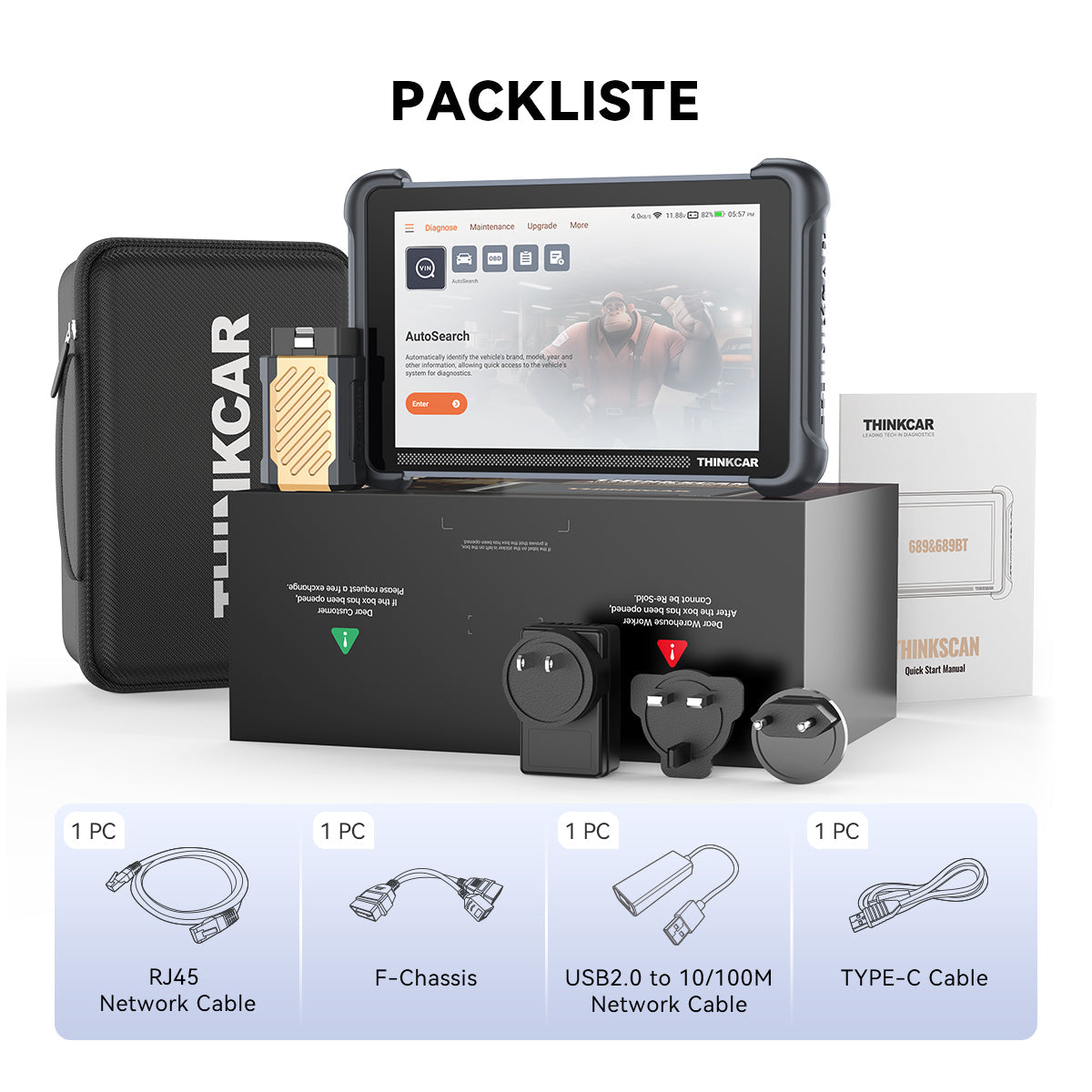 Lieferumfang der THINKCAR THINKSCAN 689BT Diagnoseplattform mit Tablet, VCI, Tasche, Lade- und Netzwerkkabeln