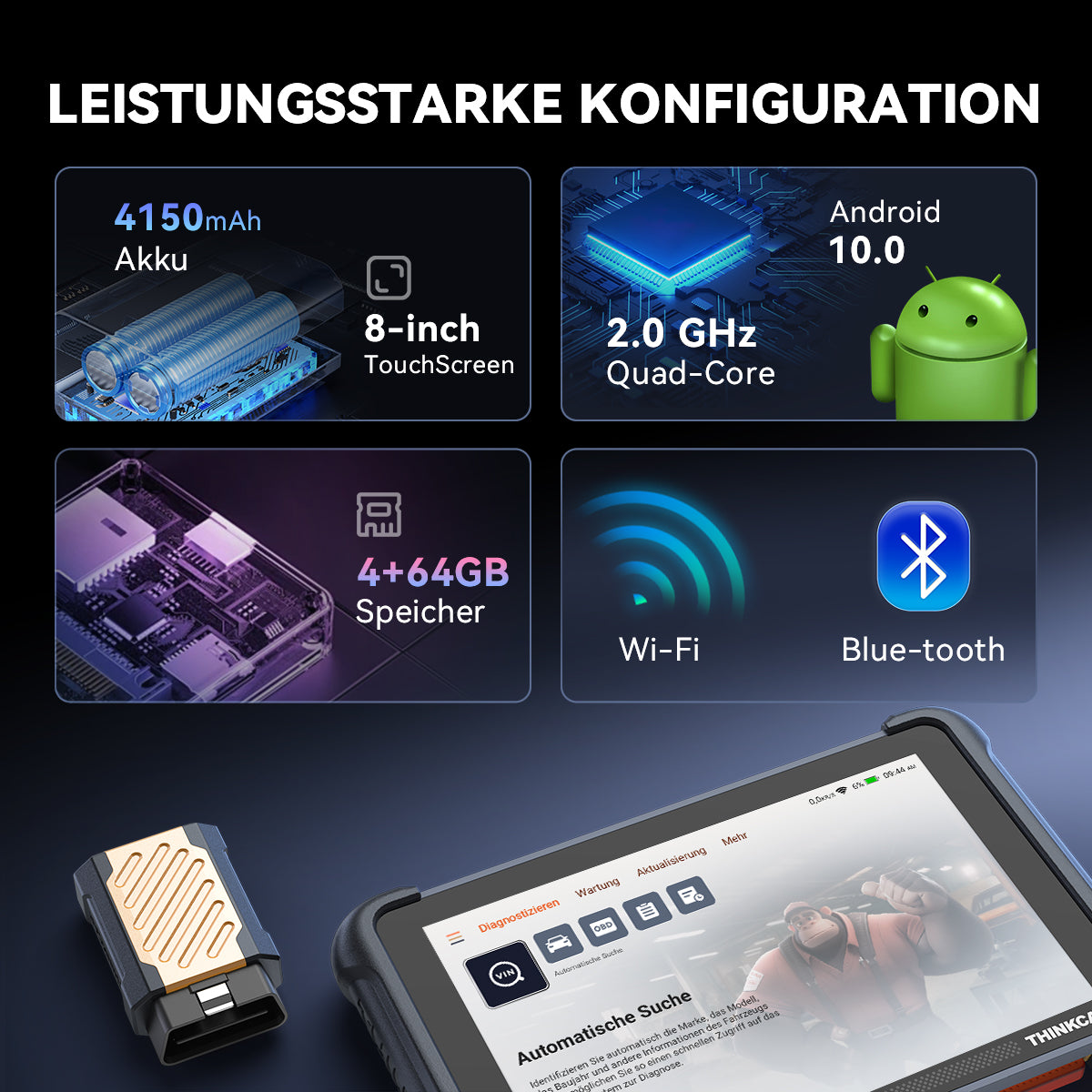THINKCAR THINKSCAN 689BT Hardware mit 8-Zoll-Display, Android 10, 4 GB RAM und 64 GB Speicher