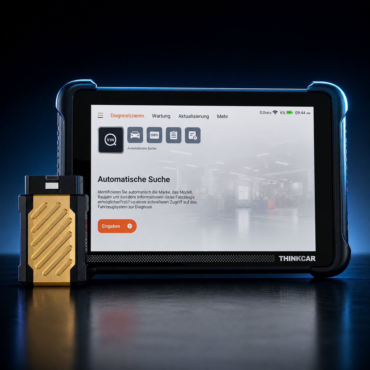 THINKCAR THINKSCAN 689BT mit Bluetooth VCI auf dunklem ML24Shop Hintergrund