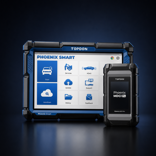 TOPDON Phoenix Smart Diagnosegerät mit MDCI Pro auf dunkelblauem Studiohintergrund
